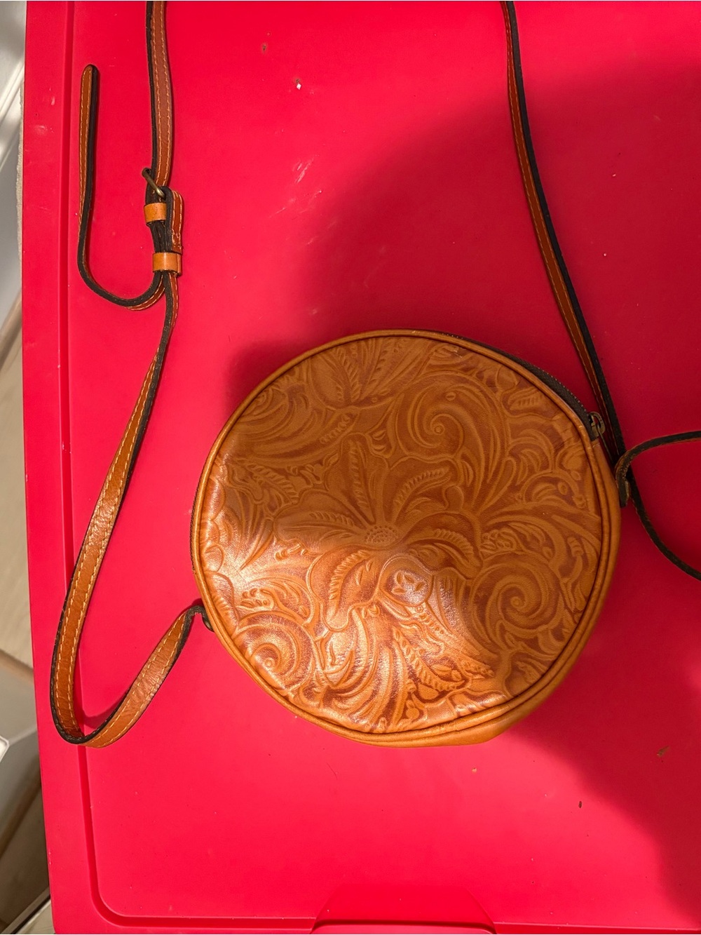 Patricia Nash Embossed Round Leather Crossbody in Tan